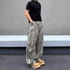 American street vibe retro washed old leopard print jeans men's and women's design scimitar loose wide-leg pants