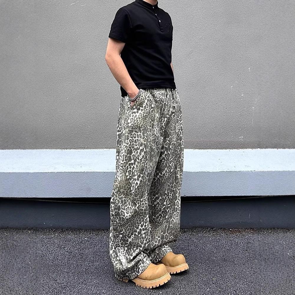 American street vibe retro washed old leopard print jeans men's and women's design scimitar loose wide-leg pants