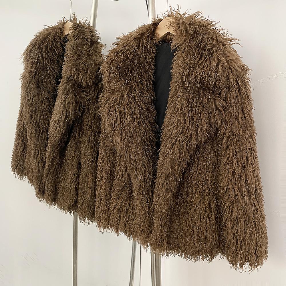 OFTBUY 2025 Winter Women Coat Faux Mongolian Fur Turn-down Collar Jacket Puff Artificial Fur Casual Top Outwears Round Collar Solid Streetwears
