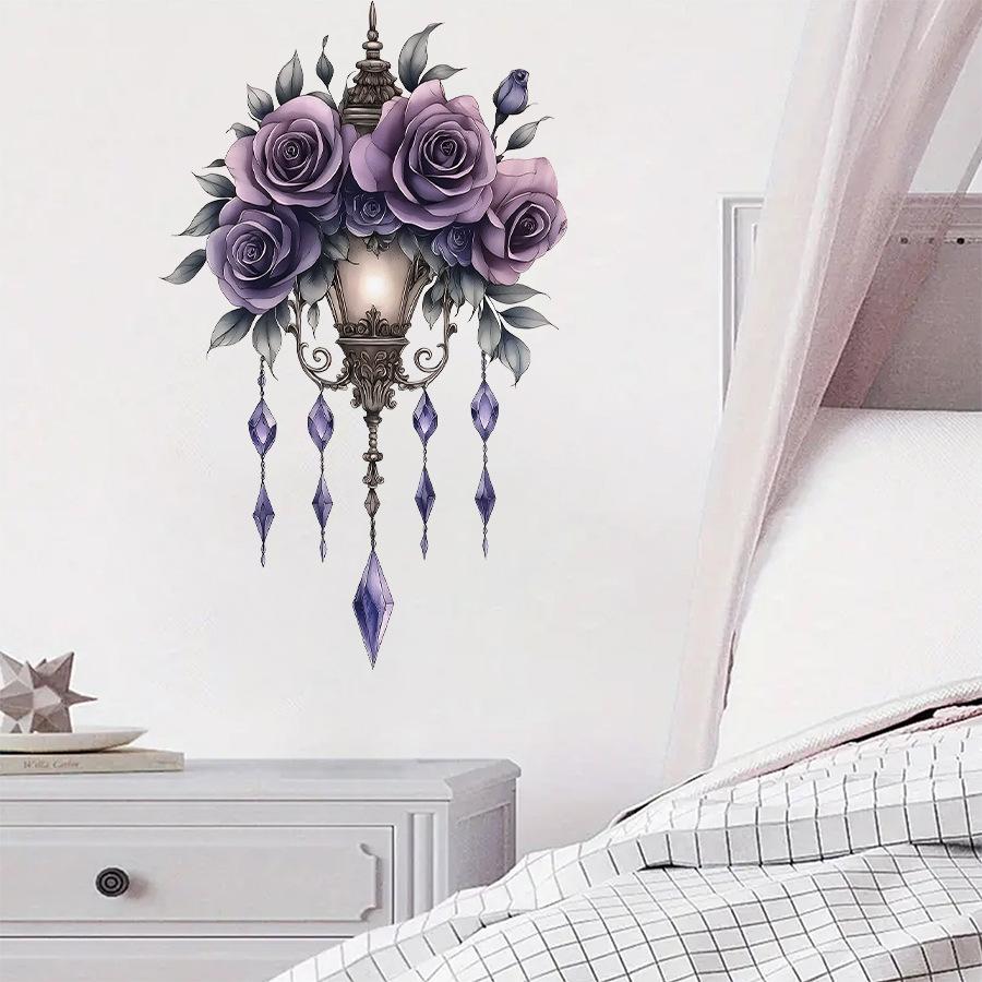 Cartoon Aesthetic Purple Floral Chandelier Wall Stickers, Self-Adhesive Girly Room Decor Decals