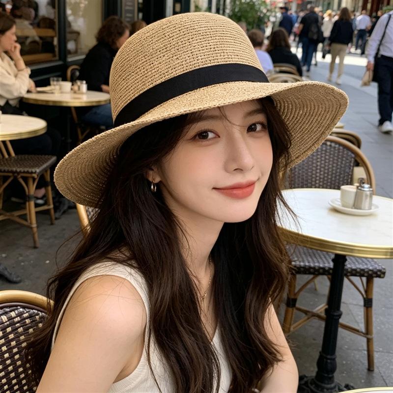 Fine woven Lafite straw hat women's sunshade sunscreen bucket hat seaside sun hat children's UV protection brim sun hat