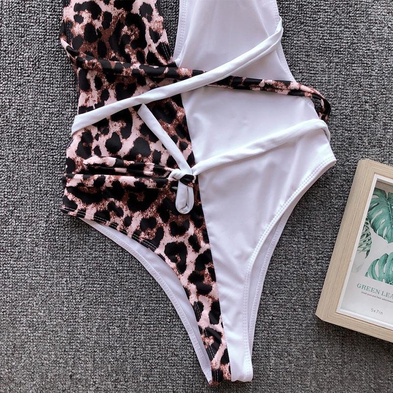 Luxurious Leopard One Piece Bikini Bathing Patchwork Padded Deep V Bandage Halter Swimsuit