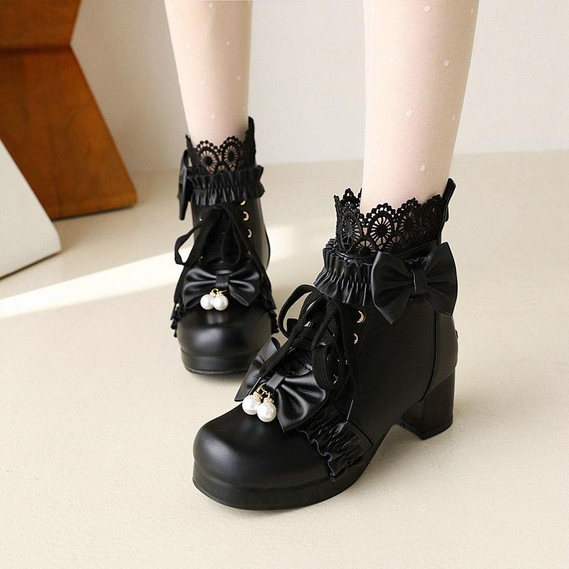 Autumn/Winter Women's Short Boots with Front Strap White Lolita Princess Shoes Winter Short Boots for Women
