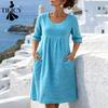 TIFICY Moda Donna Estate Primavera Colore Solido Stampa Manica Corta Scollo a O Vita Larga Abiti Casual