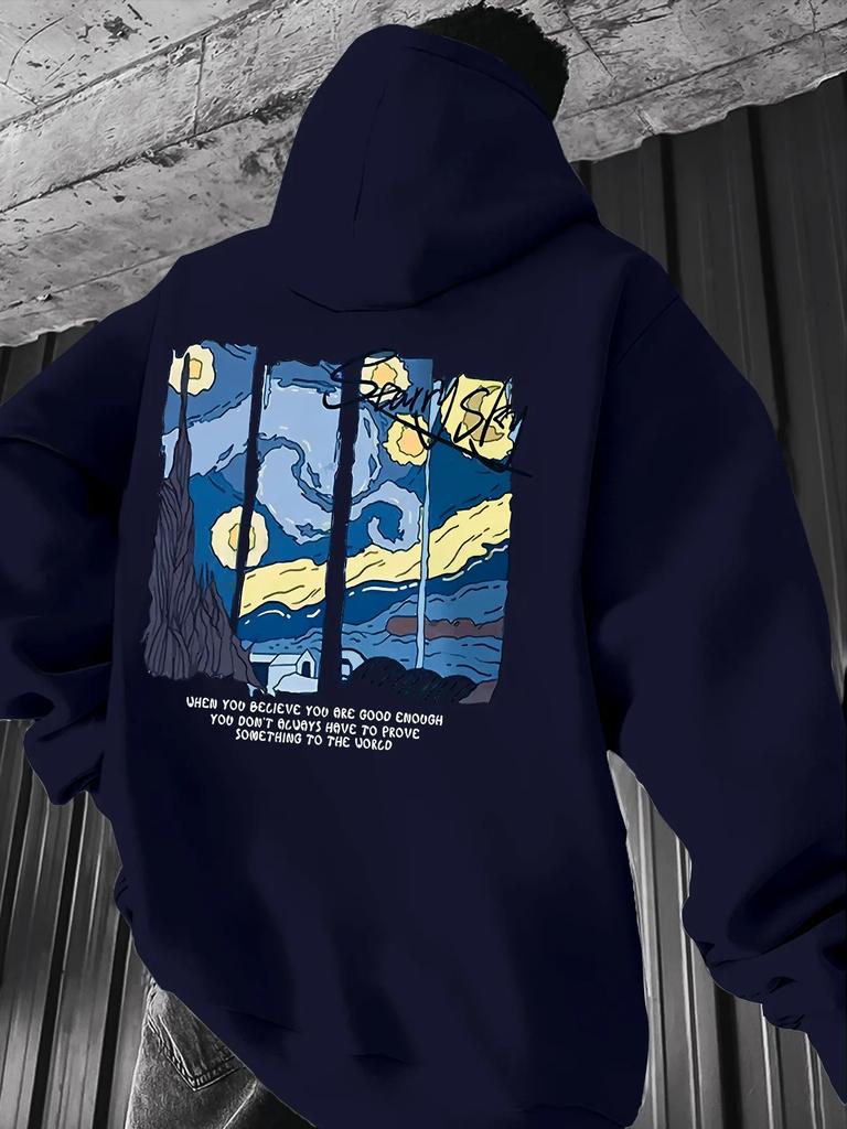 2025 Autumn Men's Tie-Ribbon Hooded Sweatshirt with Print Features Kangaroo Pockets and Hooded Pullover Sweater