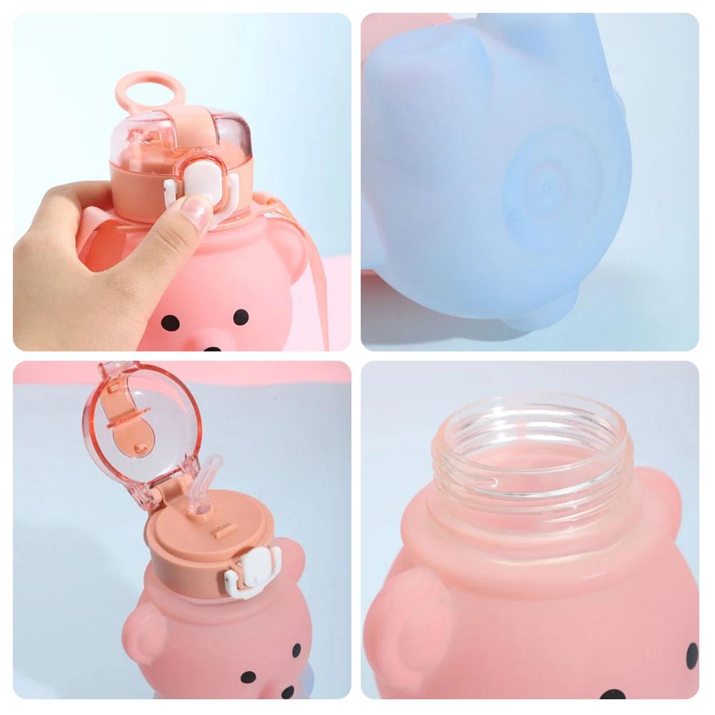 800ml Kawaii Straw Water Bottle With Rope Portable Bear Gradient Water Cup Large-Capacity Leak-Proof Drinking Mug For Kids Girls