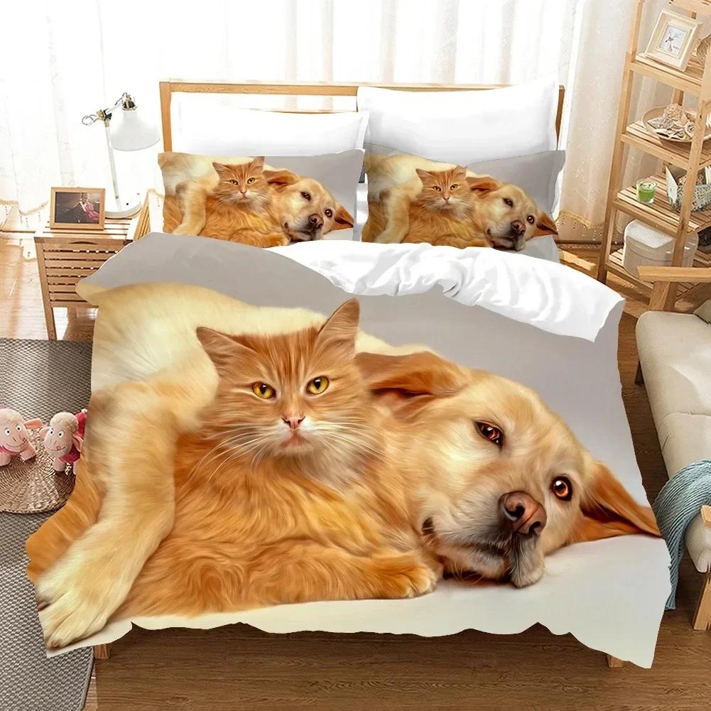 3D Dog And Cat Comfortable Duvet Quilt Cover Pillowcase Bedding Set Children Bedroom Decoration Home Textile