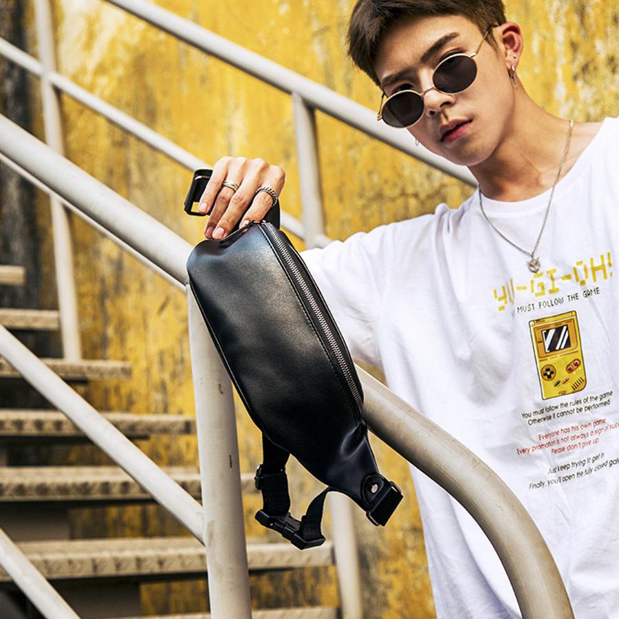 New daily commuting waist bag - black outdoor sports running men's cross-body bag - chest bag soft pu leather belt bag wallet