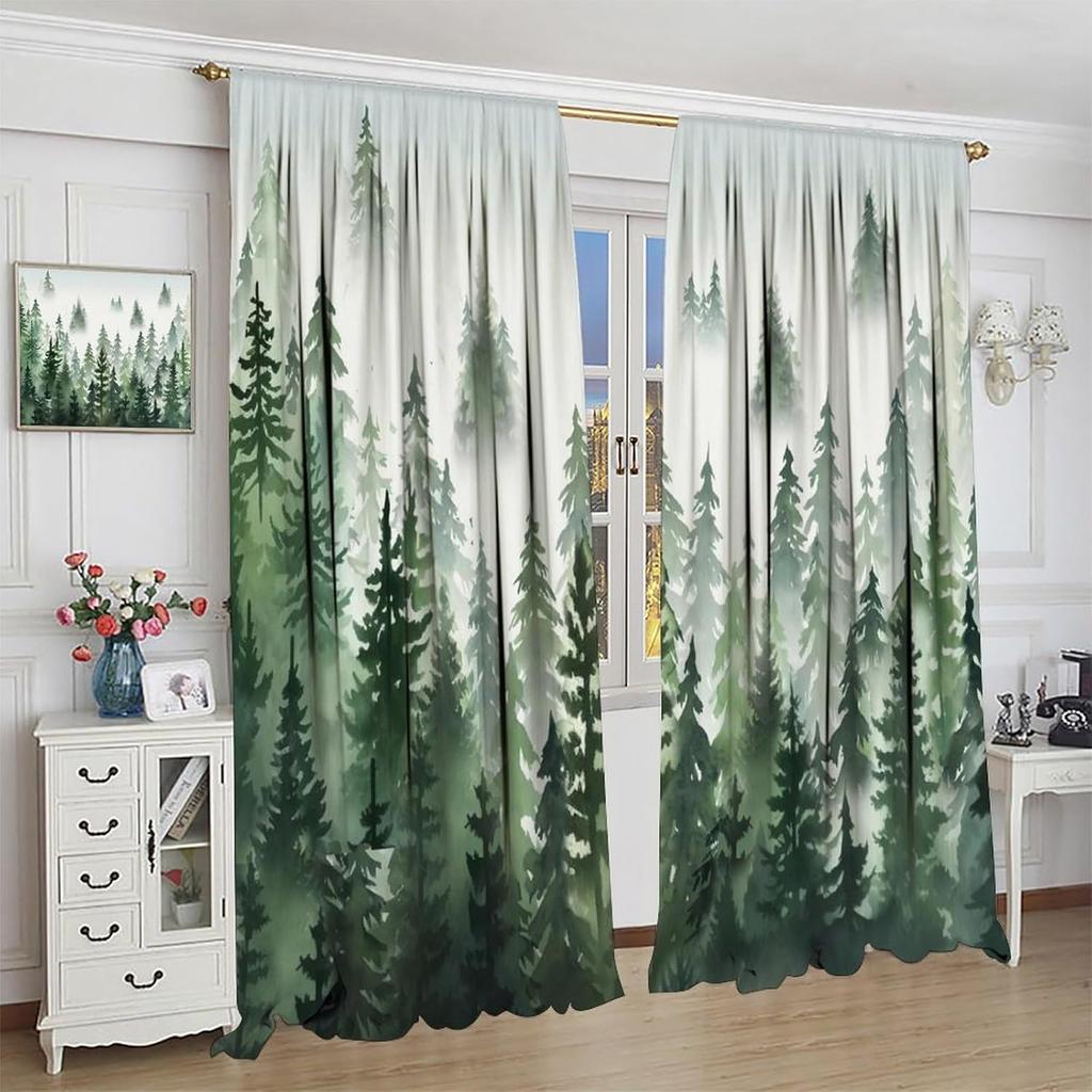 Grüne Waldvorhänge Grüne Aquarell Waldbaum Silhouette Naturlandschaft Bedruckte Wohnzimmer Schlafzimmer Fenster Vorhänge 42x63 Zoll