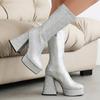 European and American New Square Head High Heel Thick Heel Sequined Horn and Fashion Medium Boots Street Performance Shoes Large Size