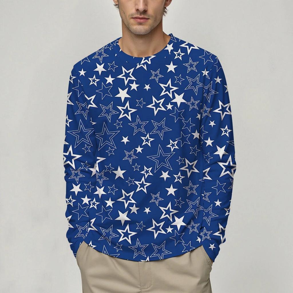 3D 5-Pointed Star Pattern Printed Top Casual Long Sleeved Men's T-shirts - Soft Medium Stretch Polyester Fabric Spring and Autumn Relaxed Fit Clothing