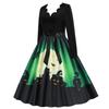 Women's Casual Halloween Printed V-Neck Zip-Up Long Sleeve Panel Swing Dress