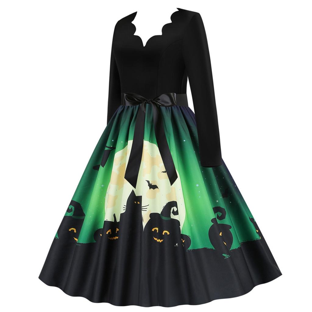 Kvinners uformelle halloween-trykt V-hals glidelås med lang ermet panelsvingkjole