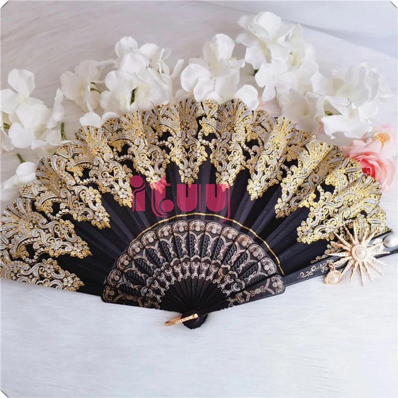 Handmade Lolita Vintage Gothic Black White Lace Hand Fan Golden Sun Flower Cross Folding Hand Fan for Photo Props Show Dancing