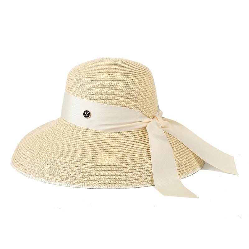 Korean Style Women's Wide Brim Straw Hat - Summer Seaside Bow Sun Protection