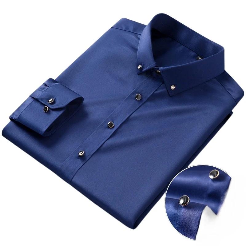 Camicie da uomo in seta a maniche lunghe con bottoni a diamante elasticizzate nuove setose business formali sociali senza stiro antirughe morbide abbigliamento moda
