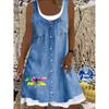 3D Printed Floral Round Neck Sleeveless Knee Length Blue Imitation Denim Women's Plus Size Dress