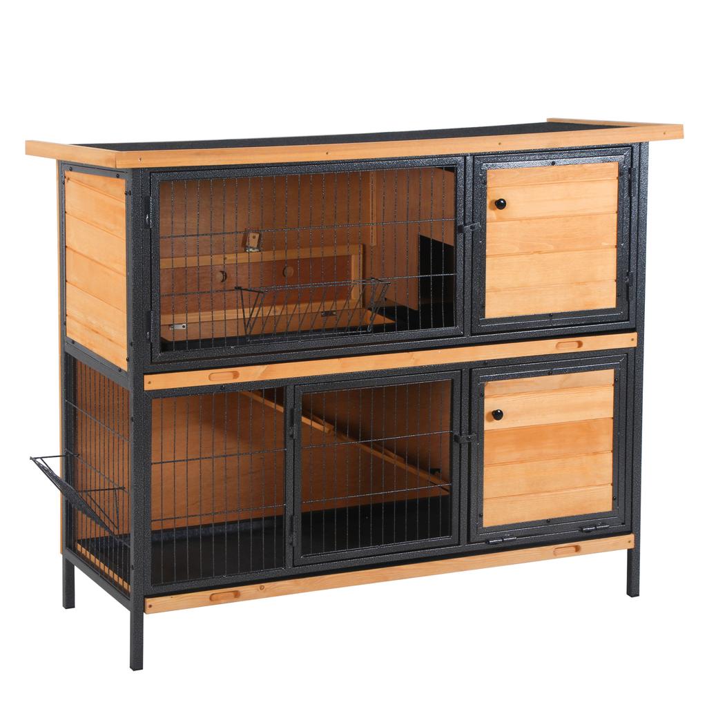 Outdoor Rabbit Hutch 2 Levels Asphalt Roof 4 Lockable Doors 122 x 50 x 101 cm Natural Wood Black