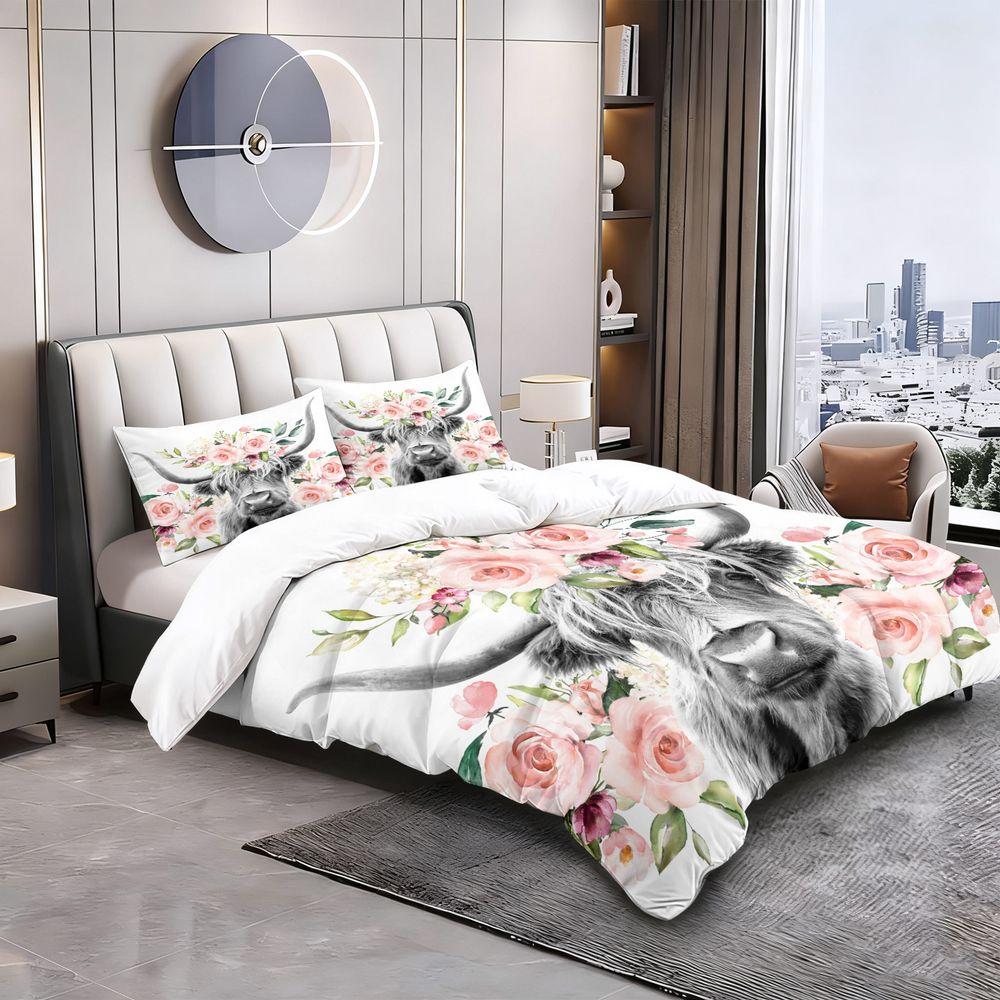 Highland Cow Floral Print Duvet Cover Set (1 Duvet Cover & 1/2 Pillowcase) Farmhouse Boho Bedding Set for Bedroom Decor