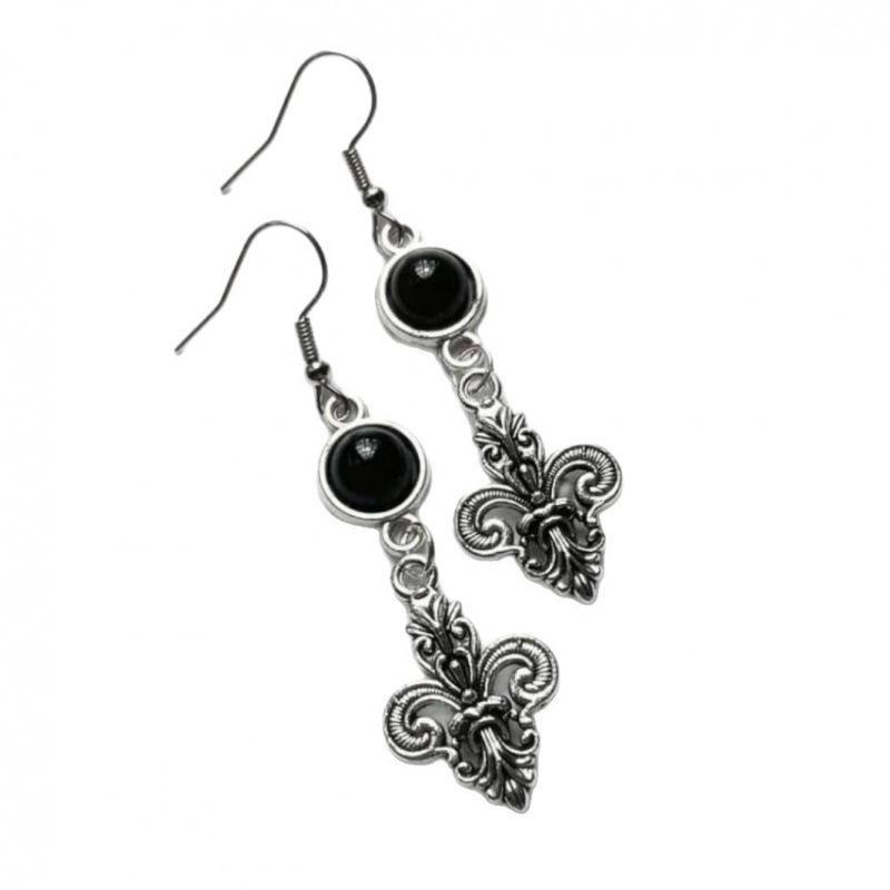 Iris Victorian Gothic Silver Earrings with Black Stone