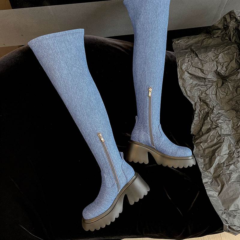 Krazing Pot Skórzane buty wiosenne i zimowe z grubego dna, antypoślizgowe, platformy, damskie, wsuwane, wysokie buty do ud