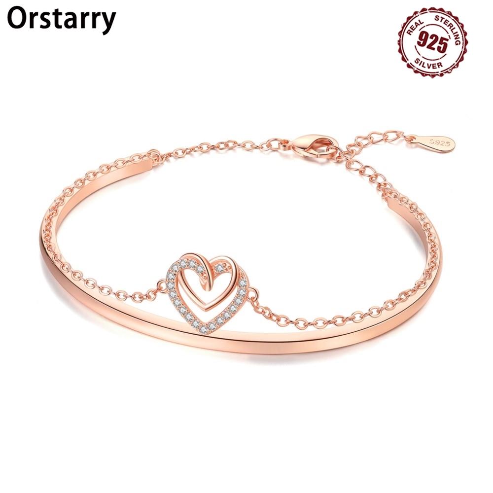 New 925 Silver Rose Gold Double-layer Heart Bracelet Chain Link Women Bracelet Birthday Festival Jewelry Gifts