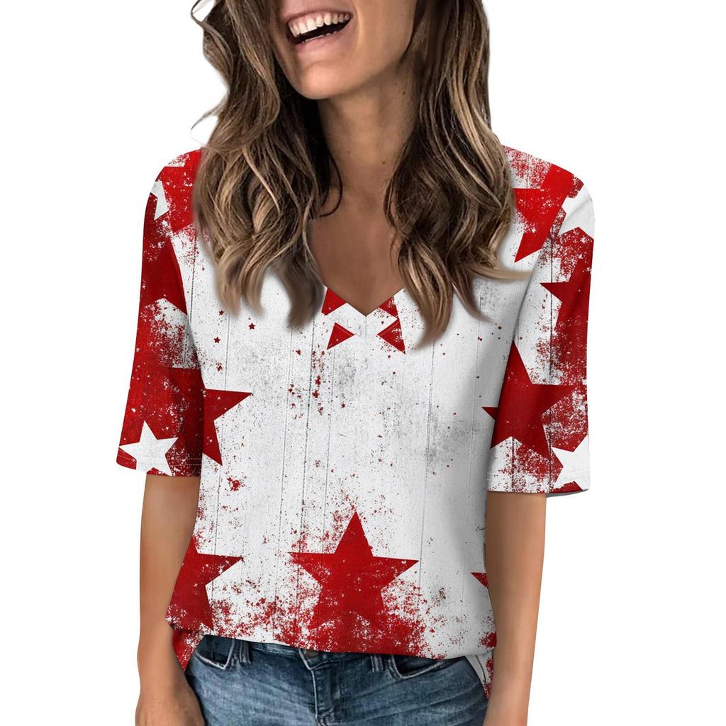 Women's V Neck T Shirts Half Sleeve Tops Printed Casual Summer Tees T Shirt Blouse