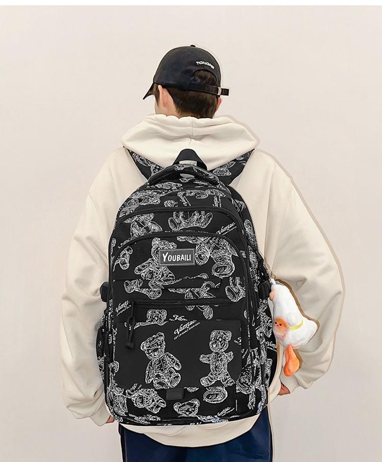 Large Capacity Bear Print Backpack for Students - Perfect for Middle, High School, and University Girls.