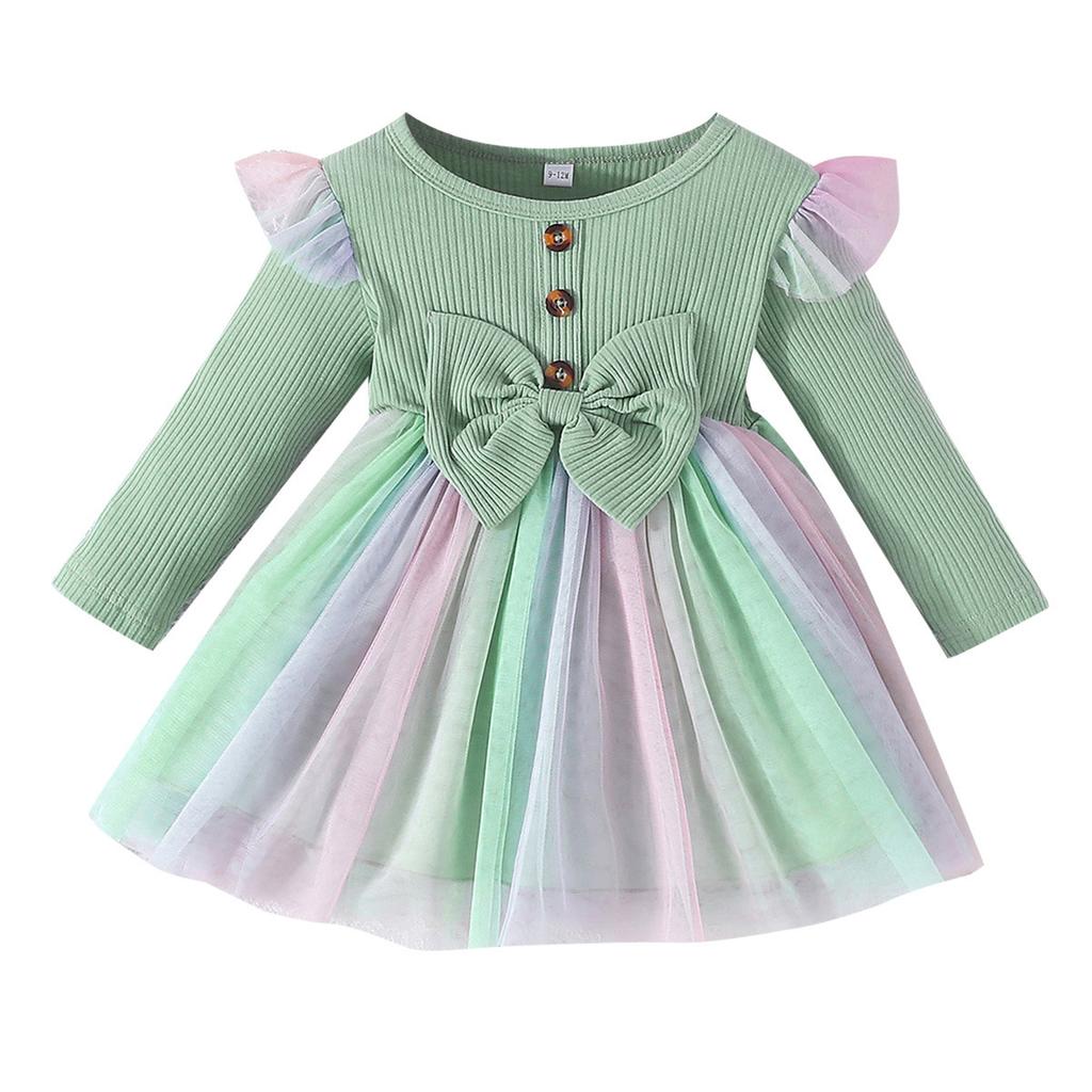 Spring and Autumn New Ribbed Long Sleeve Dress Fashionable Sweet Bow Mesh Princess Dress