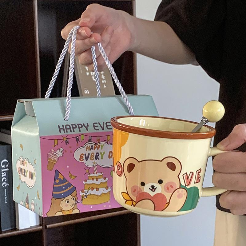 Ceramic Cup with Spoon with High Appearance Cute Household Couple Water Cup Gift Box Hand Gift Creative Mug