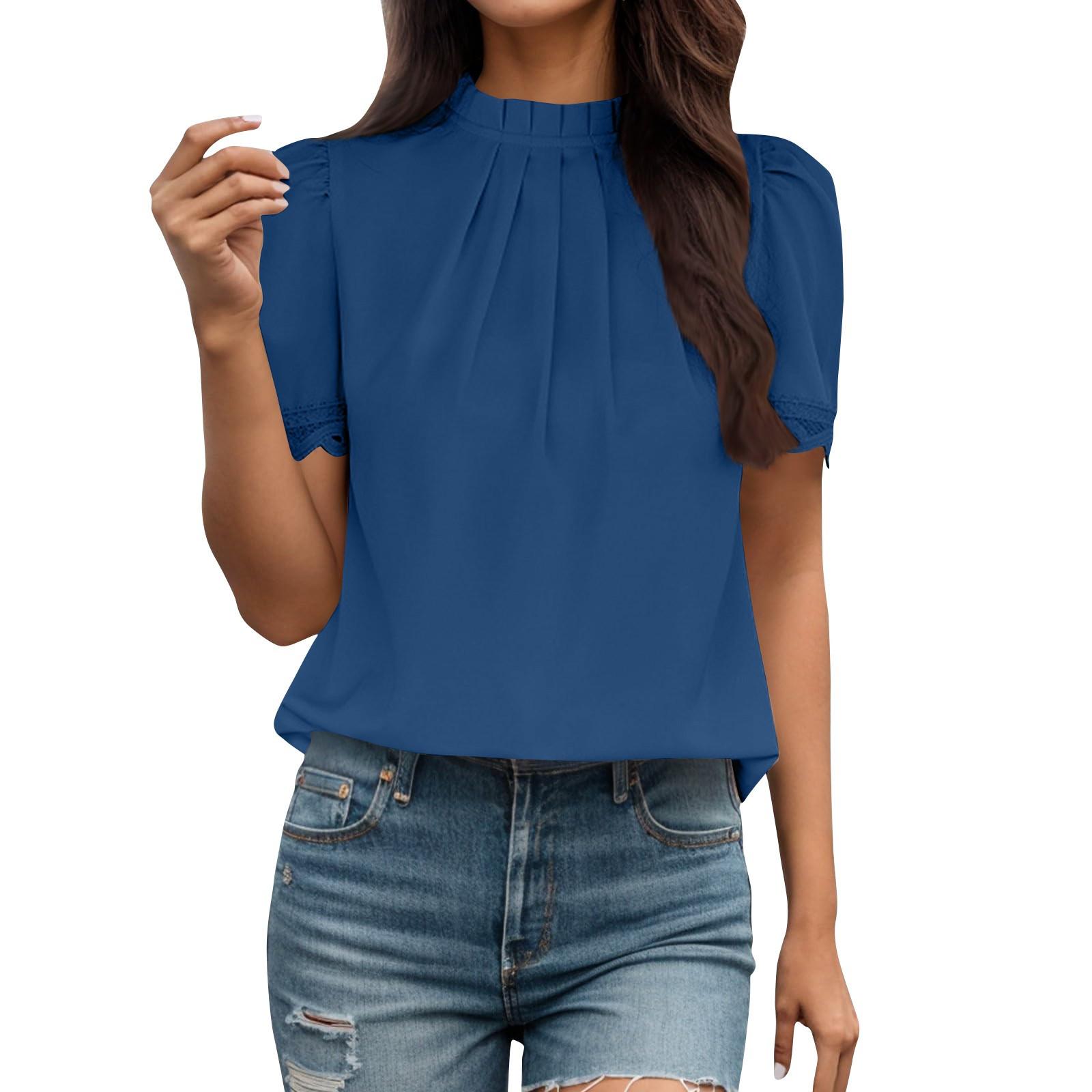 

Женский летний плиссированный повседневный топ с короткими рукавами и небольшим высоким воротником и кружевной кромкой L синий