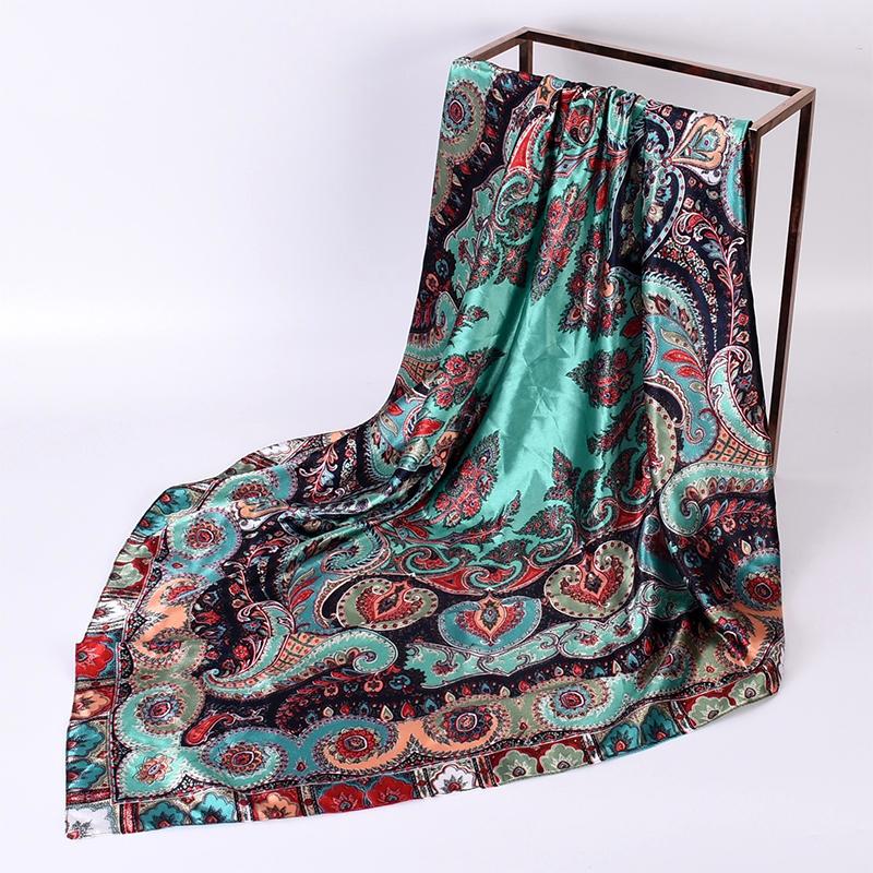 New 90*90cm Retro Brand Women Silk Scarf Bandanna Fashion Bohemian Pattern Square Hijab Lady Wrap Headband Foulard Muffler
