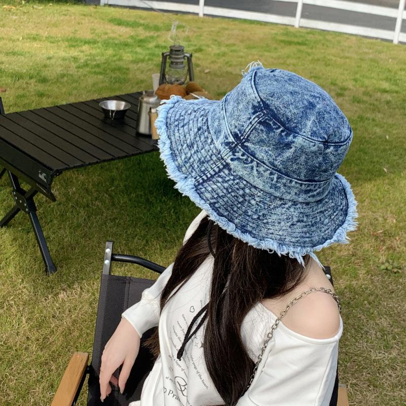 New rough edge washed denim bucket hat autumn and winter face small sun hat retro letters do old basin hat smf tide