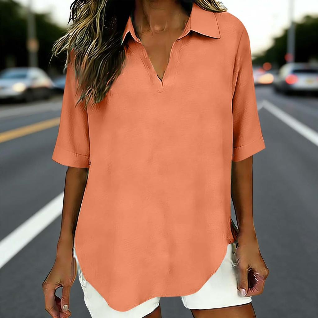 Women's  Fashionable Loose Color V-Neck Casual Cotton And Linen Shirt T-Shirt Top