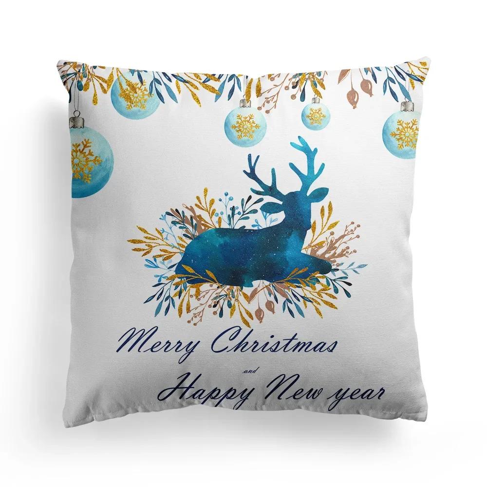 Home Decoration Christmas Blue Elk Plant Pillow House Polyester Cushion Cushion Decoración Navideña Funda De Almohada