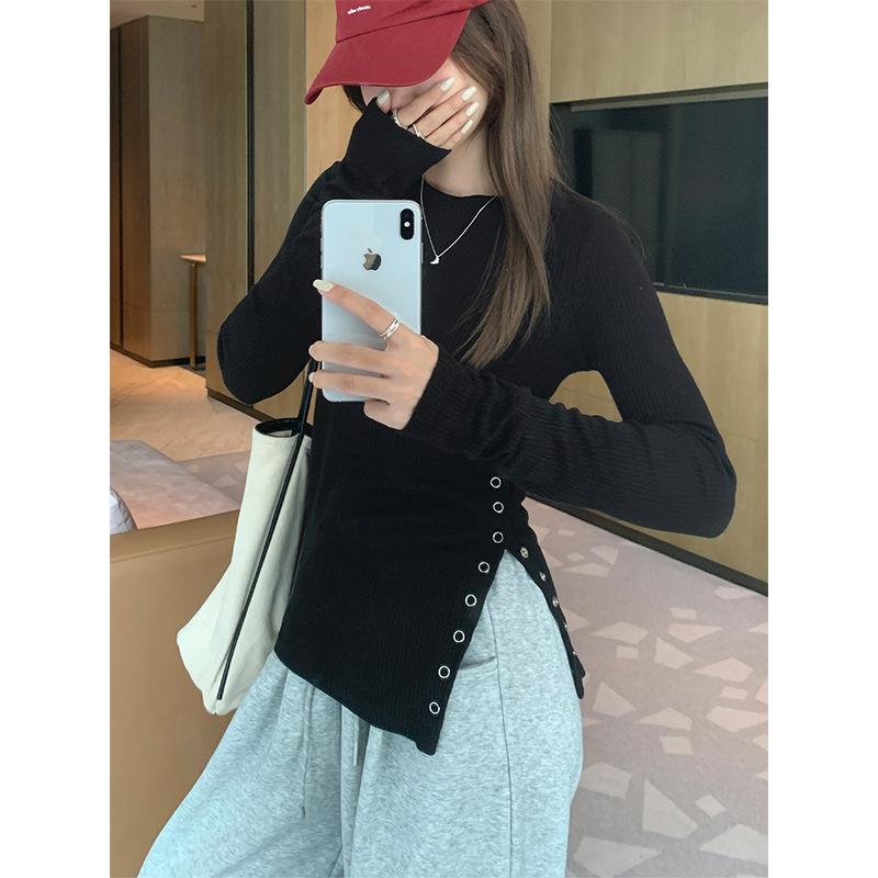 Korean Gray Round Neck Long-sleeved T-shirt for Women In Autumn and Winter New Button Slit Design Bottoming Shirt with Top