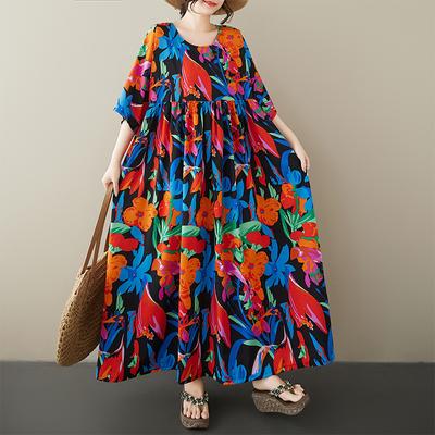 DIMANAF Übergröße Neu 2025 Damen Sommer Kurzarmkleid Basic Casual Floral Locker Vintage Strand Langkleid