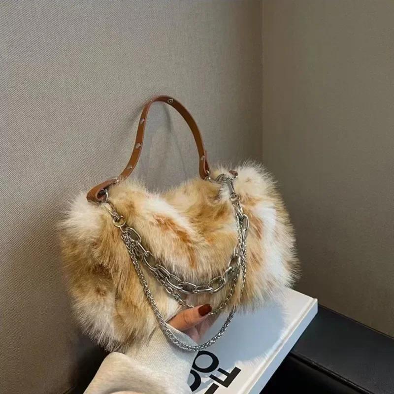 

Gradient Chain Plush Backpack Punk Cute Exquisite Autumn and Winter Shoulder Bag Fashion Casual Fluffy Luxury Female Handbag