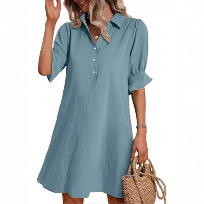Women's Spring Autumn Casual Loose Solid Color Shirt Dress, Lapel Collar Short Sleeve Button Down A-Line Mini Daily Wear Dress