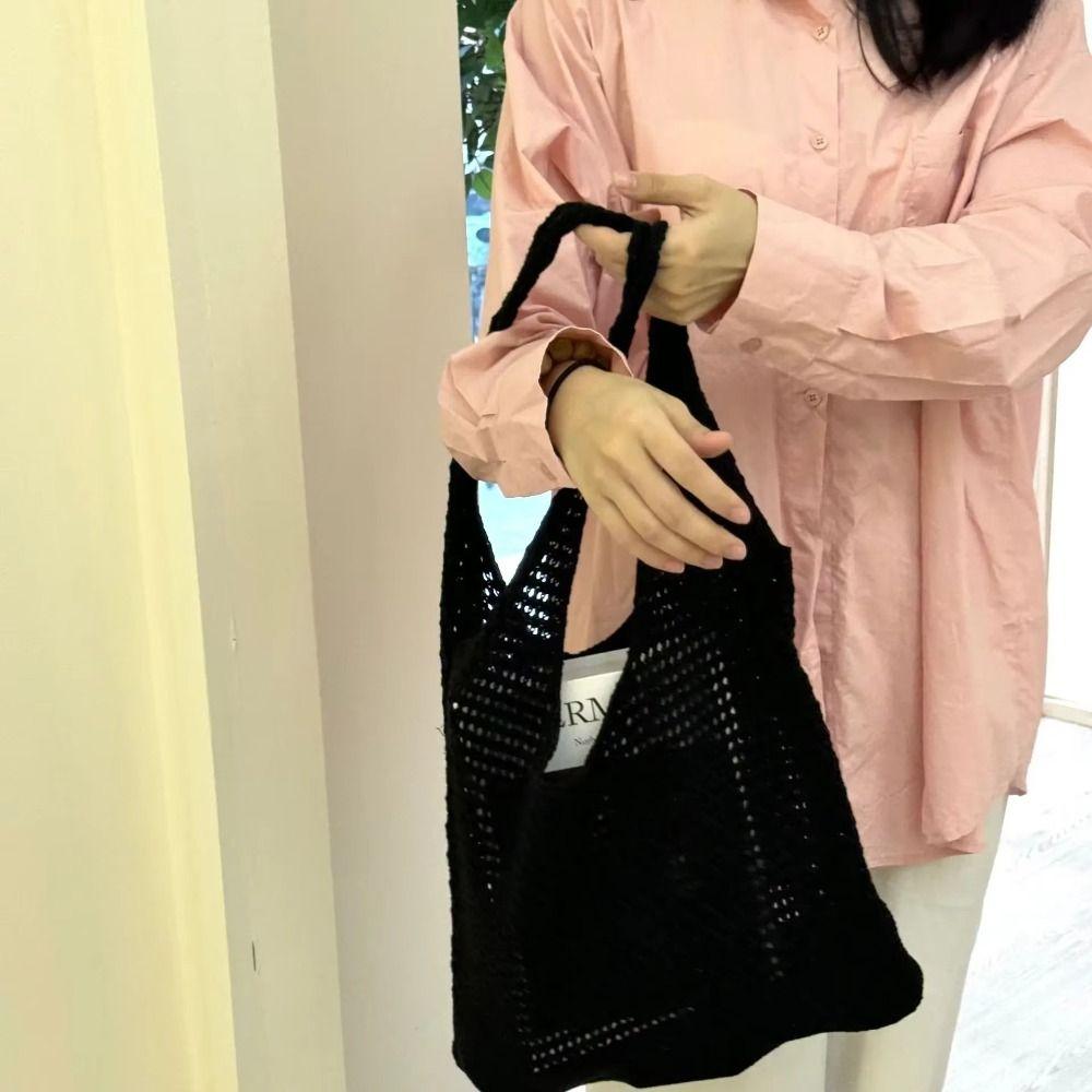 Top-handle Knitted Tote Bag Solid Color Women Crochet Handbags Big Purses Summer Beach Bag  Travel