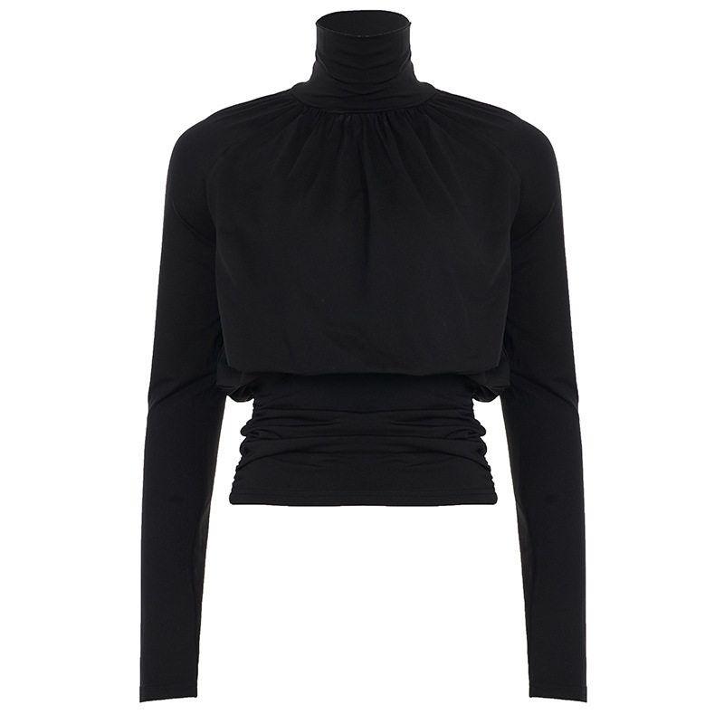 

and American Dark Style Spicy Girl Black High-Neck Long-Sleeve Casual Top, Short Waist-Cinching Slim-Fit Long-Sleeve T-Shirt for Women in Autumn Black S