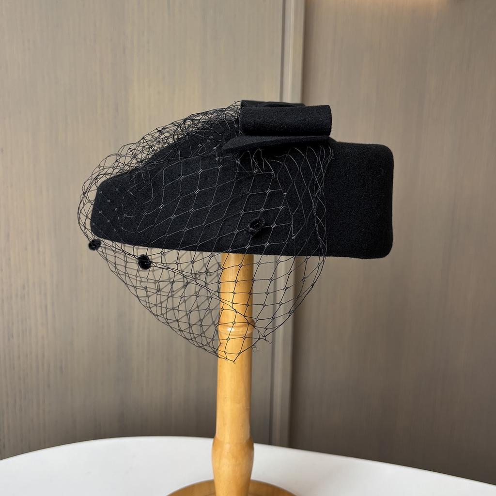 Winter Wolle Französisch Retro Zylinder Kinder Netz Schleife Stewardessenhut Reise Fotografie Braut Barett Hut