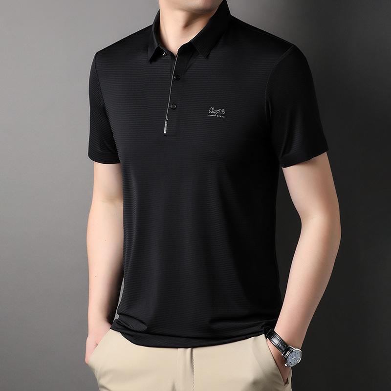 

Летняя бесшовная футболка с короткими рукавами и лацканами из ледяного шелка, мужская деловая повседневная эластичная рубашка-поло с принтом, мужская одежда 4XL