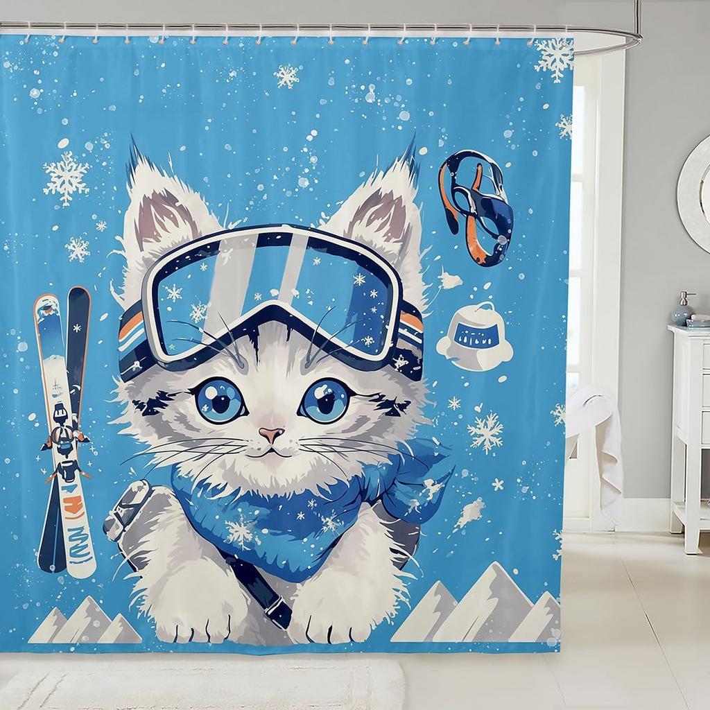 Cartoon Black Cat Shower Curtain Retro Pink Cherry Blossom Wild Flowers Bathroom Curtain Kids Teens Adults Cute Animal Vintage