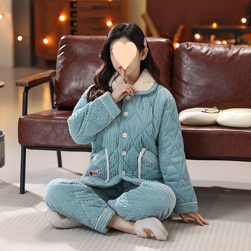 Dámské pyžamo třívrstvé zesílené a roztomilé zimní lze nosit velká velikost teplé polstrované domácí oblečení