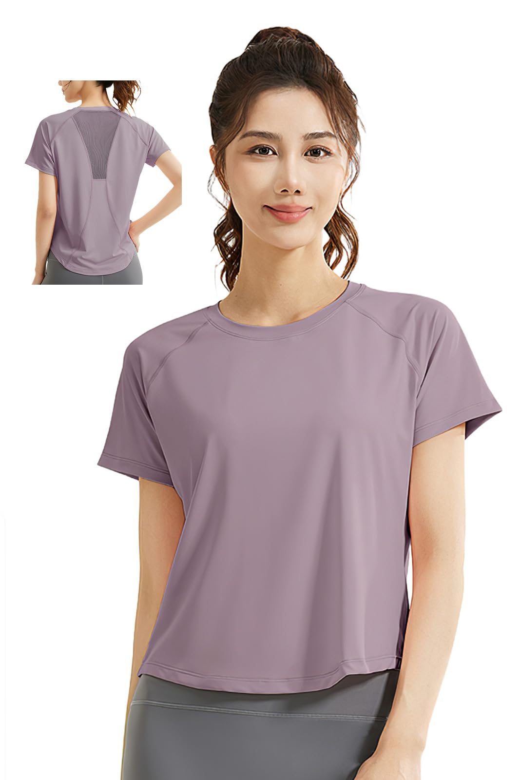 

MORGEN SKY Short Sleeve Yoga Activewear Top with Round Breathable Thin and Stretch and Perfect for and YD016 Women s Hem, Mesh, Fabric, Slimming, фиолетовый