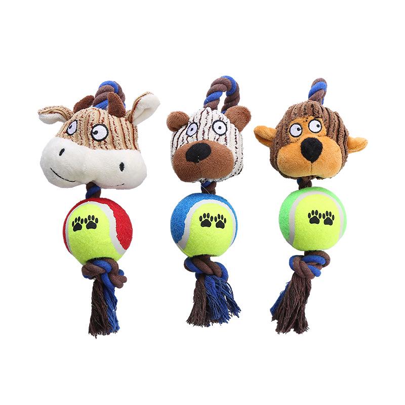Corduroy Tennis Ball Dog Toy: Little Monkey Cow Shape with Paw Print Cotton Rope and Squeaker.