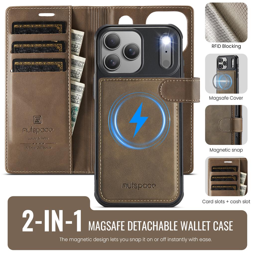 2-in-1 Magnetic Magnetic Detachable Wallet Case for iPhone 17/17 Pro/17 Max/17 Air - PU Leather, Card Slots, MagSafe Charging, 360° Protection