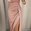 Women Formal Dress Shiny Bright Surface Off Shoulder Sexy Dress Pleated High Waist Lady Split Bodycon Dress for Party Banquet Wedding
