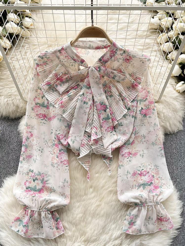 Damen Frühlingsbluse Elegantes Hemd mit Schleifenkragen Patchwork Plissierter Rüschenrand Slim Fit Oberteile Französischer Stil Puffärmel Lässige Bluse